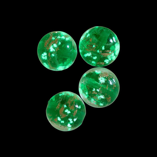 Bead, lampworked glass, clear / green / glow-in-the-dark / gold, 14mm round. Sold per pkg of 4. image number 1