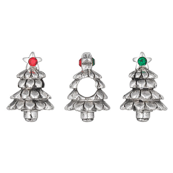 Bead, Dione®, crystals and antique silver-plated pewter (tin-based alloy), light Siam and emerald, 17x12mm 3D Christmas tree. Sold individually. image number 0