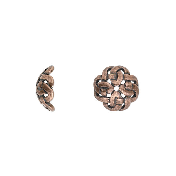 Bead cap, JBB Findings, antique copper-plated pewter (tin-based alloy), 11x4.5mm Celtic knot, fits 10-14mm bead. Sold per pkg of 2. image number 0
