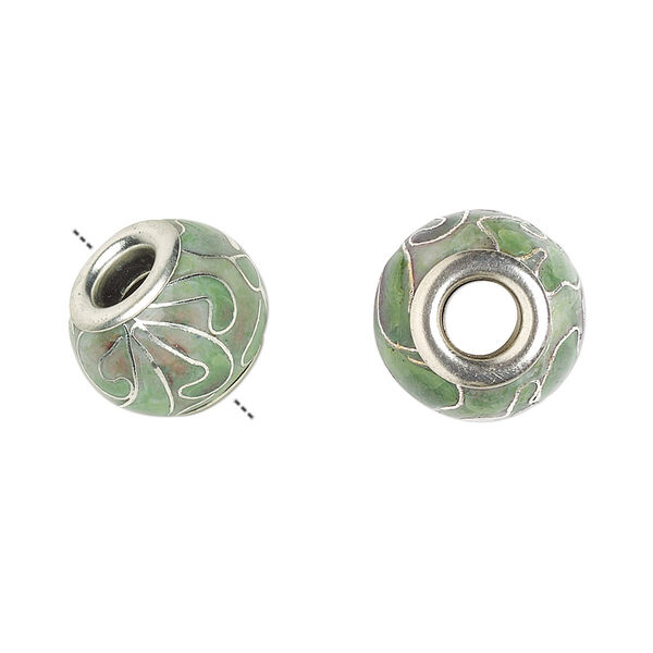 Bead, Dione®, cloisonné, enamel and silver-plated brass grommets, light green, 14x10mm rondelle with flower design. Sold per pkg of 4. image number 0