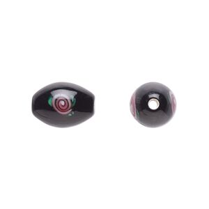 Bead, Czech lampworked glass, opaque black / pink / green, 12x8mm-13x9mm olive with flower design. Sold per pkg of 4.