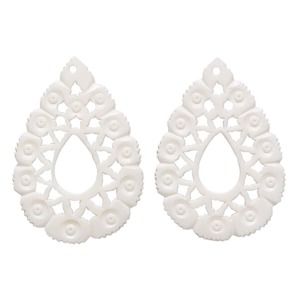Focal, camel bone (bleached), white, 47x33mm hand-cut single-sided flat open teardrop with cutout flower design, Mohs hardness 2-1/2. Sold per pkg of 2. image number 0
