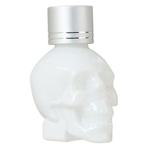 Bottle, plastic and coated glass, opaque white and silver, 2-1/2 x 1-3/4 x 1-1/4 inch skull with threaded cap. Sold individually.