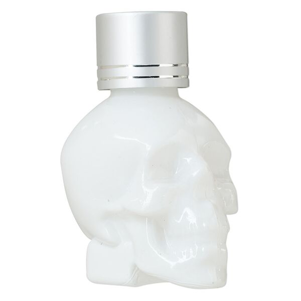 Bottle, plastic and coated glass, opaque white and silver, 2-1/2 x 1-3/4 x 1-1/4 inch skull with threaded cap. Sold individually. image number 0