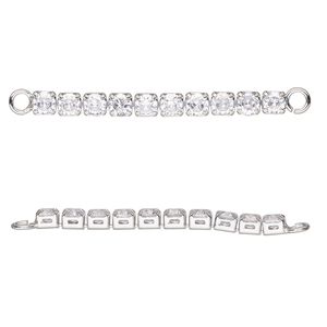 Link, cubic zirconia and silver-finished brass, clear, 35x3mm single-sided cupchain. Sold individually.