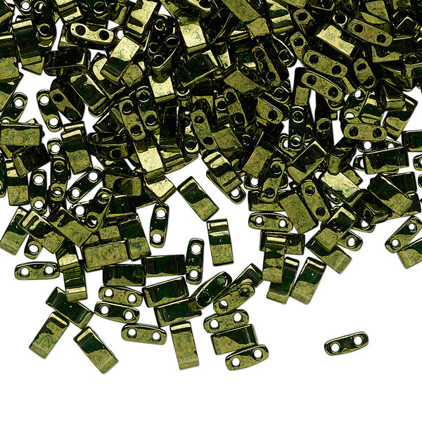Seed bead, TILA®, glass, pkg/10g, 5x2.3mm half tila rectangle, translucent luster olive green, (HTL-306). image number 0