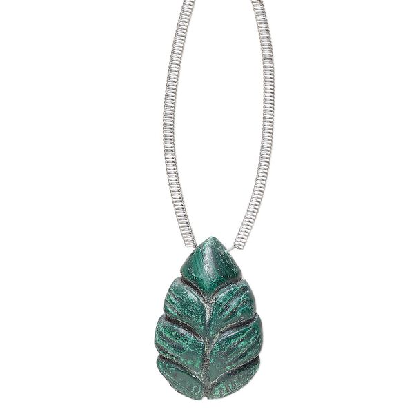 Malachite 1pkg1, hand-cut top-drilled carved leaf bead natural 18x12mm image number 0