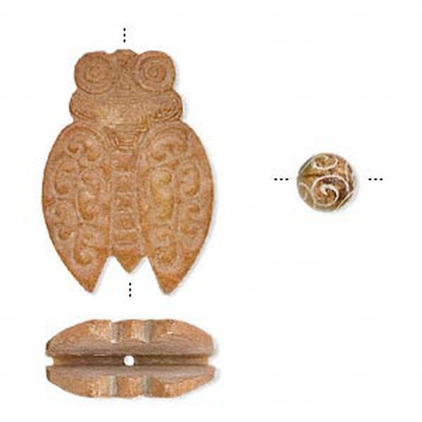 Soo chow "jade" 1pkg2, hand-cut carved cicada / round bead B grade, 56x40mm / 14mm image number 0