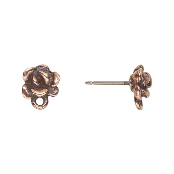 Earstud, TierraCast®, antique copper-plated pewter (tin-based alloy) and titanium, 8x7.5mm 3D succulent with closed loop and post. Sold per pair. image number 0