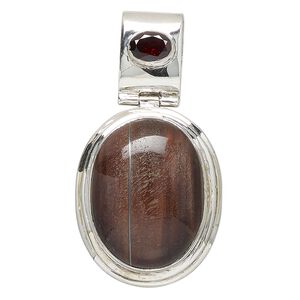 Pendant, red tigereye (heated) / garnet (heated) / sterling silver, 50x27mm oval. Sold individually.