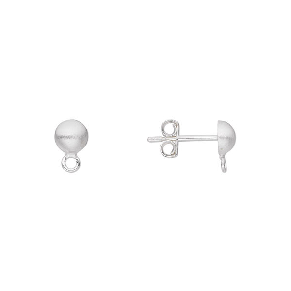 Earstud, satin-finished sterling silver, 5mm half ball with open loop. Sold per pkg of 5 pairs. image number 0