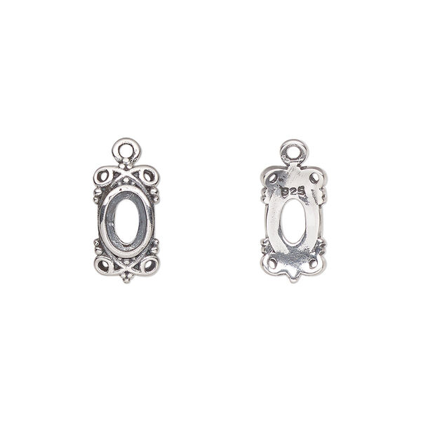 Drop, antiqued sterling silver, 13x7mm overall with 6x4mm oval setting and filigree design with open back. Sold individually. image number 0