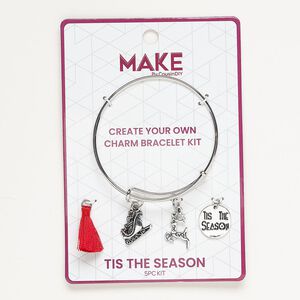 Bracelet and charm assortment, antique silver-finished brass and fabric, red, Tis The Season theme, 7-1/2 inches. Sold per 5-piece set.