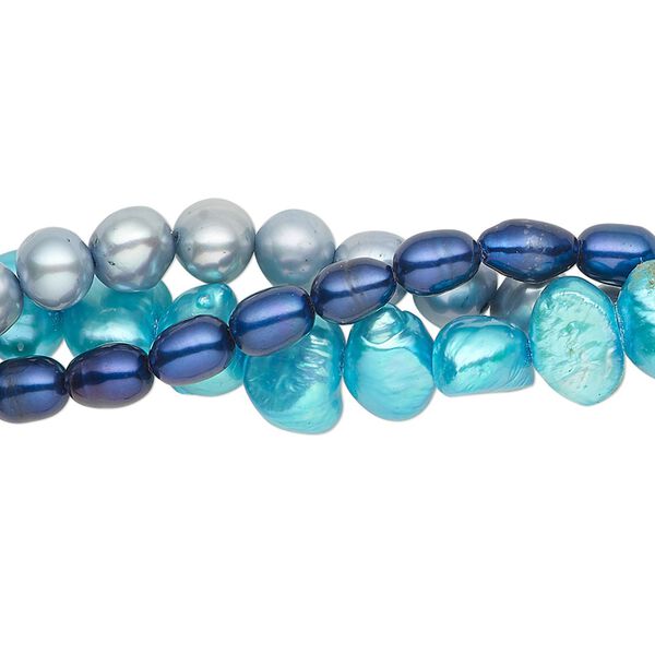 Pearl mix, cultured freshwater (dyed), multi-blue, 5x3mm-8x6mm mixed shapes with 0.4-0.6mm hole, D grade. Sold per (3) 14-inch strands. image number 0