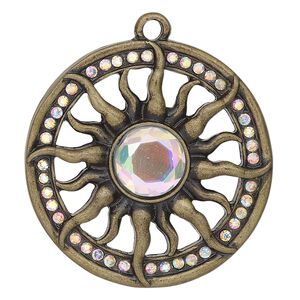 Focal, antique brass-finished "pewter" (zinc-based alloy) and glass, clear, 35mm round single-sided round with inner sun design. Sold individually.