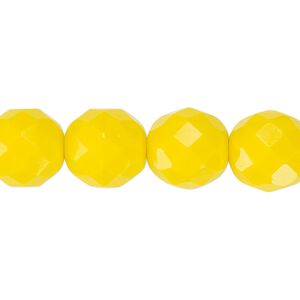 Bead, Czech fire-polished glass, pkg/15-1/2 to 16 inches, 12mm faceted round, opaque yellow, (83120).