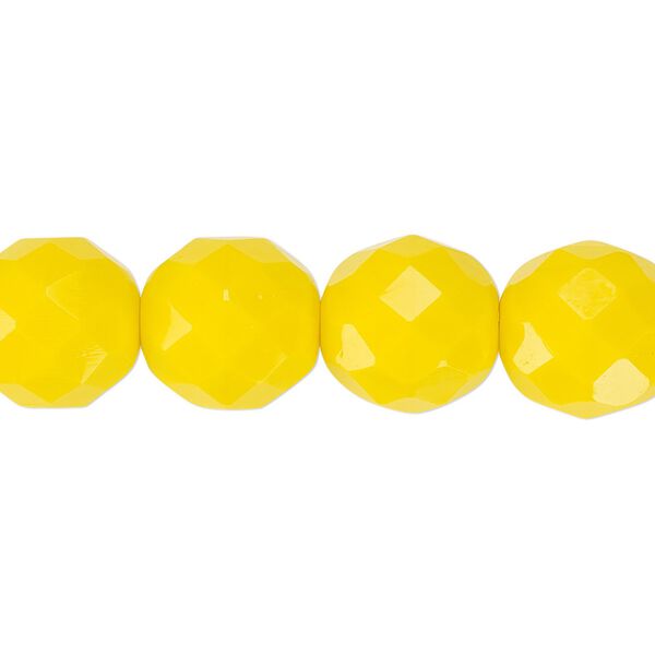 Bead, Czech fire-polished glass, pkg/15-1/2 to 16 inches, 12mm faceted round, opaque yellow, (83120). image number 0