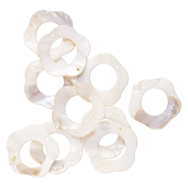 Focal, mother-of-pearl shell (bleached), 49x48mm flower with cutout round and 2 holes, Mohs hardness 3-1/2. Sold per pkg of 10. image number 0
