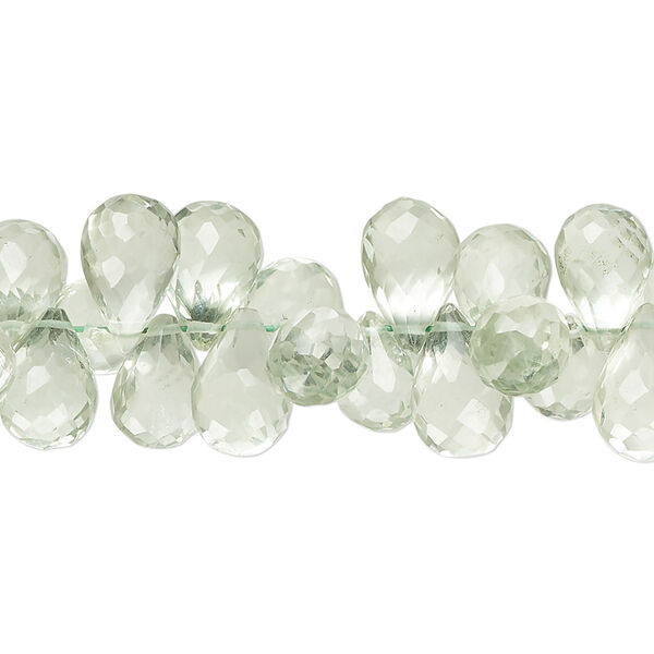 Bead, green quartz (heated), light, 9x6mm-12x7mm hand-cut top-drilled faceted teardrop, B+ grade, Mohs hardness 7. Sold per 8-inch strand, approximately 75 beads. image number 0