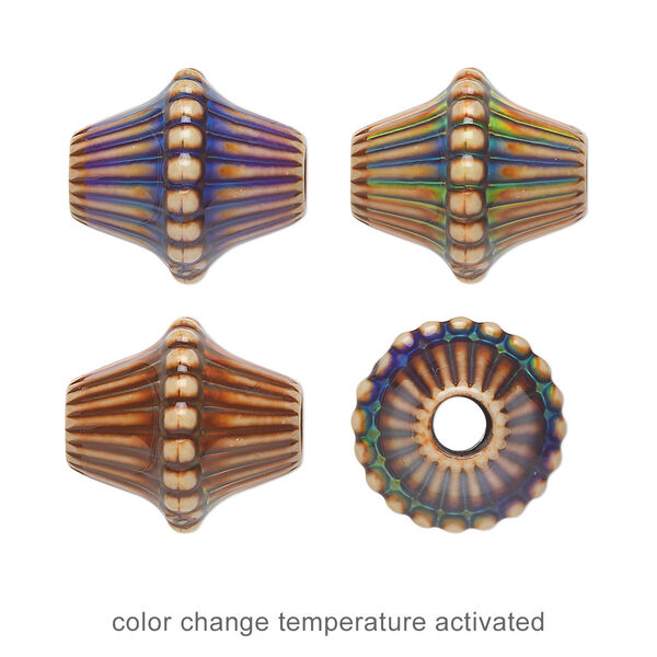 Bead, acrylic, tan and multicolored, 16x14mm color-changing corrugated double cone. Sold per pkg of 4. image number 0