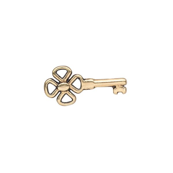 Charm, antique gold-finished "pewter" (zinc-based alloy), 21x10mm double-sided fancy key. Sold per pkg of 20. image number 0