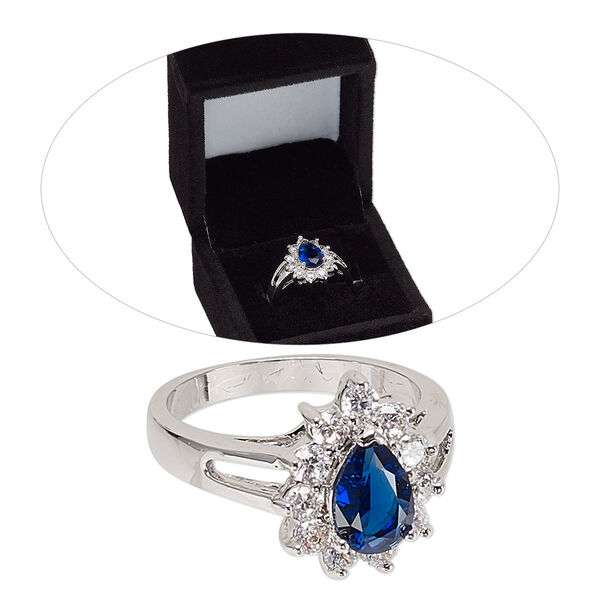 Ring, cubic zirconia and rhodium-finished brass, sapphire blue and clear, 15.5mm fancy teardrop, size 8. Sold individually. image number 0