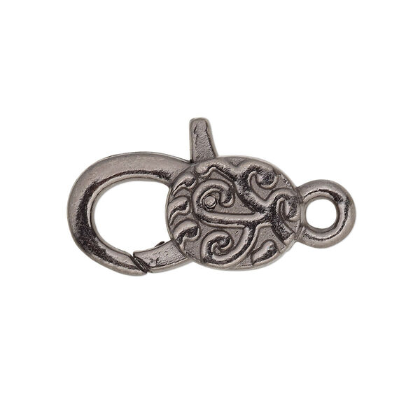 Clasp, lobster claw, gunmetal-plated "pewter" (zinc-based alloy), 24.5x13mm with double-sided swirl design. Sold per pkg of 4. image number 0