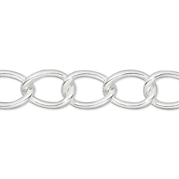 Chain, silver-finished brass, 9mm curb. Sold per pkg of 5 feet. image number 0