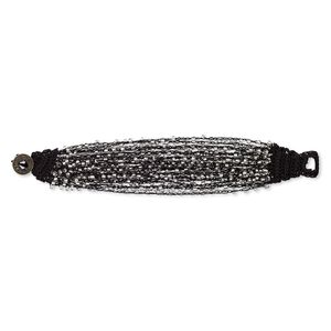 Bracelet, 22-strand, glass / nylon / antique brass-plated "pewter" (zinc-based alloy), black and silver-lined clear, 35mm wide, 7 inches with Chinese coin replica button clasp. Sold individually.