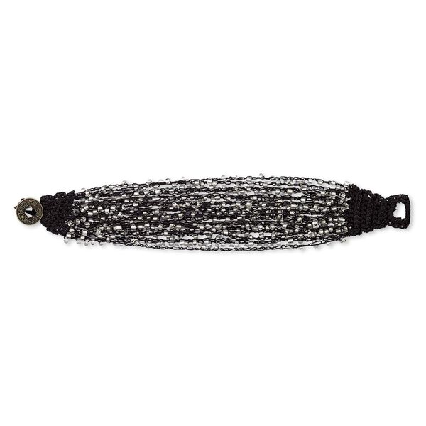 Bracelet, 22-strand, glass / nylon / antique brass-plated "pewter" (zinc-based alloy), black and silver-lined clear, 35mm wide, 7 inches with Chinese coin replica button clasp. Sold individually. image number 0