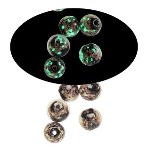 Bead, lampworked glass, clear / black / glow-in-the-dark / gold, 8mm round. Sold per pkg of 6.