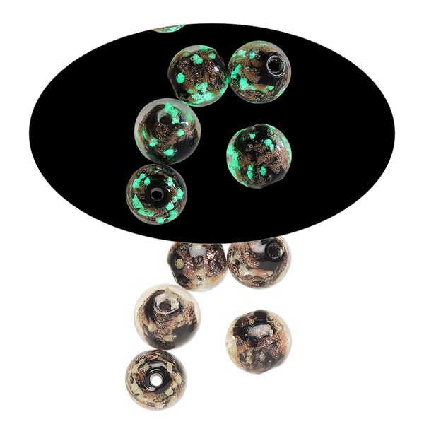Bead, lampworked glass, clear / black / glow-in-the-dark / gold, 8mm round. Sold per pkg of 6. image number 0