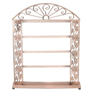 Display, earring, antique copper-finished steel, 15 x 12 x 3-inch rectangle with roses, holds 36 pairs. Sold individually.