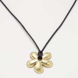 Necklace, waxed cotton cord with gold-finished steel and "pewter" (zinc-based alloy), black, 34x31mm scratched flower, 18 inches with 3-inch extender chain and lobster claw clasp. Sold individually.