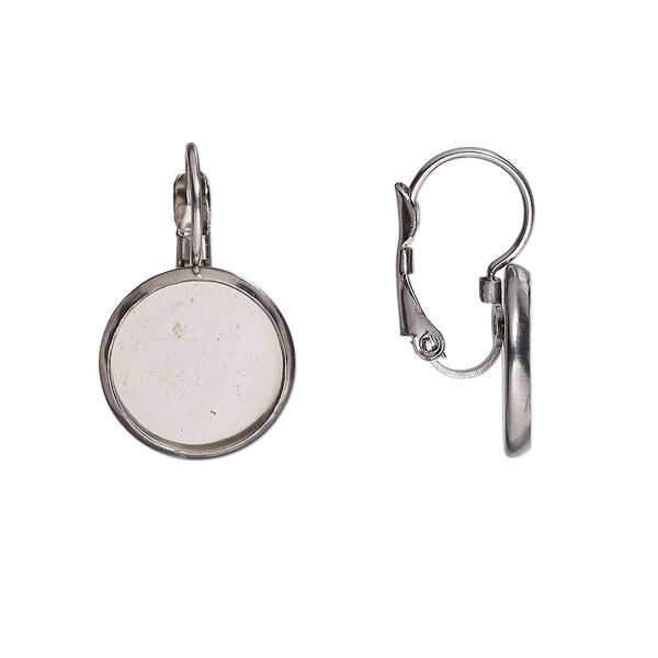 Ear wire, glue-in, stainless steel, 22mm leverback with 12mm round setting. Sold per pkg of 2 pairs. image number 0