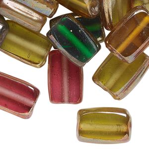 Bead mix, metallic glass, translucent mixed colors, 16x10mm flat rectangle. Sold per pkg of 40 beads.