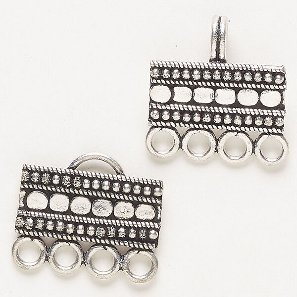 Clasp, 4-strand hook-and-eye, antique silver-finished "pewter" (zinc-based alloy), 29x21mm rectangle with dots and rope edges. Sold individually. image number 0