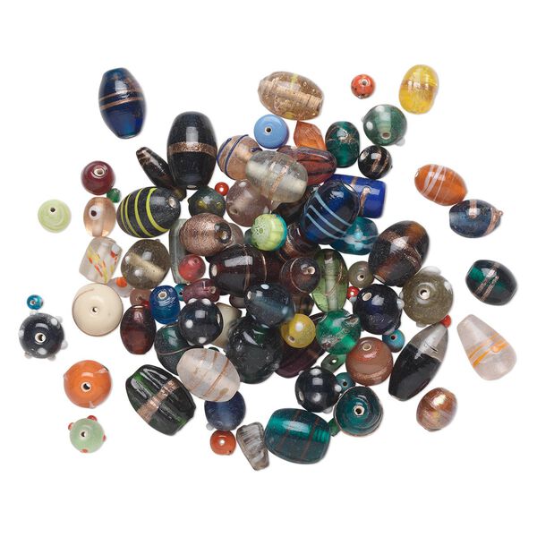 Bead mix, lampworked glass, mixed colors, 6mm-27x21mm mixed shapes. Sold per 250-gram pkg, approximately 45-90 beads. image number 0
