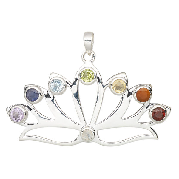 Pendant, multi-gemstone (natural / dyed / heated / irradiated) and sterling silver, 48x24.5mm single-sided lotus. Sold individually. image number 0