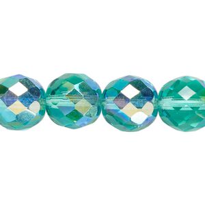 Bead, Czech fire-polished glass, light aqua AB, 12mm faceted round. Sold per pkg of 600 (1/2 mass).