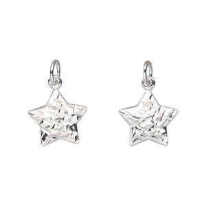 Charm, sterling silver, 13x12mm two-sided diamond-cut puffed star. Sold individually.