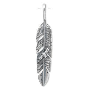 Pendant, antiqued sterling silver, 56x11mm double-sided feather with bird. Sold individually.