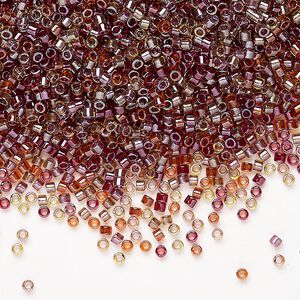 Seed bead mix, Miyuki Delica®, glass, pkg/7.5g, #11 round, translucent inside dyed color luster chartreuse/salmon mix.