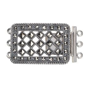 Clasp tab 1pkg1 sterling silver / Signity® marcasite (natural), 29x20mm rectangle, antiqued 3-strand