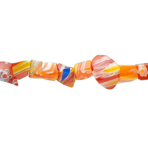 Bead, millefiori glass, translucent red / orange / multicolored, small chip. Sold per 34-inch strand. image number 0