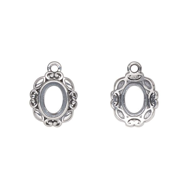 Drop, antiqued sterling silver, 13x11mm overall with 8x6mm oval setting and open back. Sold individually. image number 0