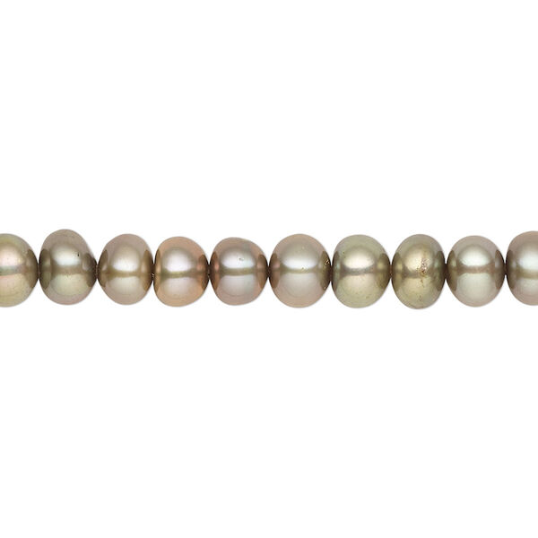 Pearl, cultured freshwater (dyed), green, 4x3mm-6x4mm button, B- grade, Mohs hardness 2-1/2 to 4. Sold per 16-inch strand. image number 0