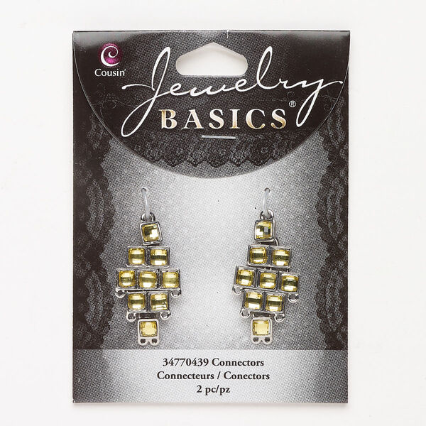 Brass / steel / acrylic rhinestone 1pkg2, focal silver-finished / yellow 36x17mm image number 0