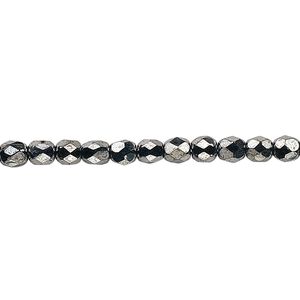 Bead, Czech fire-polished glass, opaque hematite, 4mm faceted round. Sold per 15-1/2" to 16" strand, approximately 100 beads.