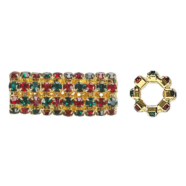 Bead, glass rhinestone and gold-finished brass, ruby red and emerald green, 32x13mm cylinder, 7.5mm hole. Sold individually. image number 0